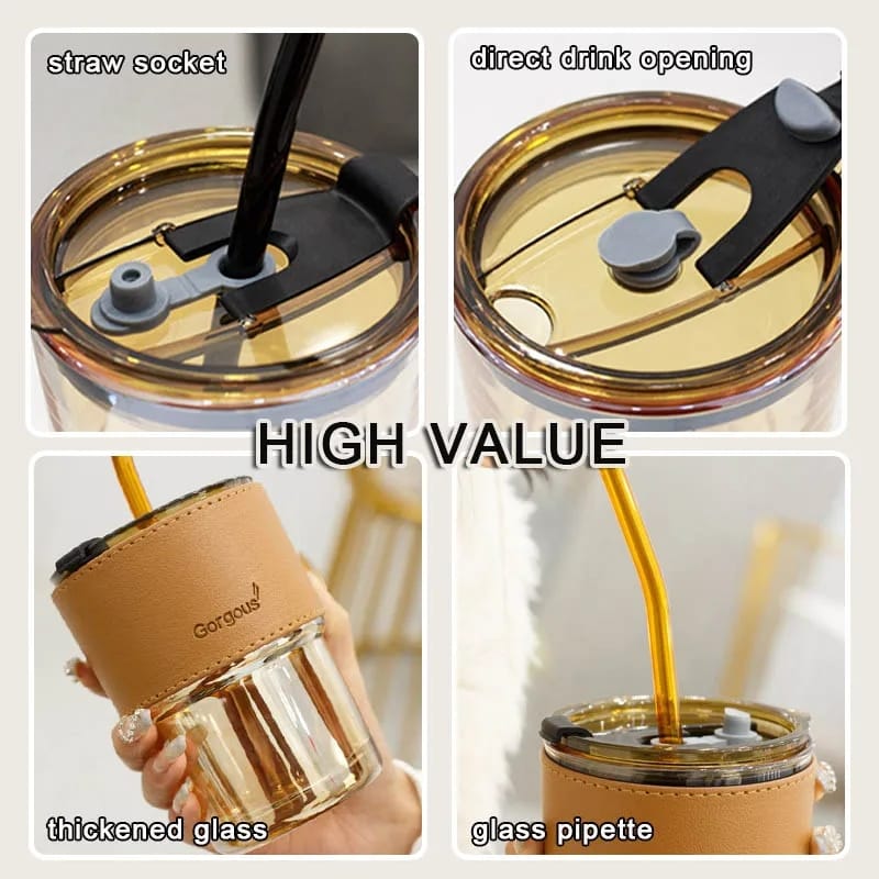 400ml Plastic Coffee Cup With Straw, Bamboo Shaped Glass Cup With Leather Cover, Double Wall Insulated Glass Cup 400ml Plastic Coffee Cup With Straw, Bamboo Shaped Glass Cup With Leather Cover, Double Wall Insulated Glass Cup